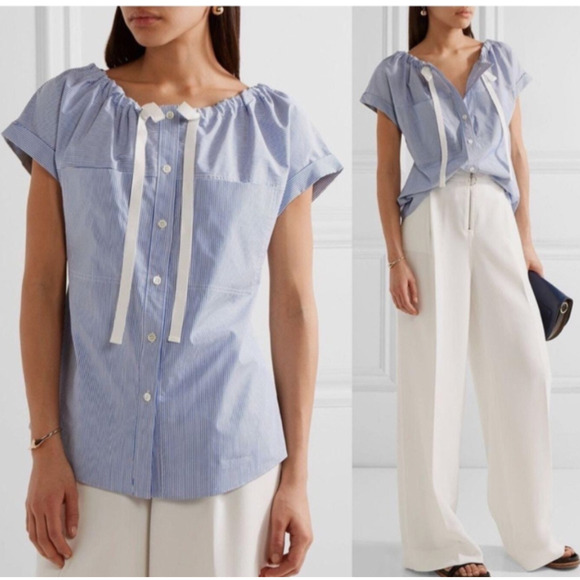 Theory Tops - Theory Velvela Striped Top Blue Short Sleeve Size 2 Cotton Utility Button B21